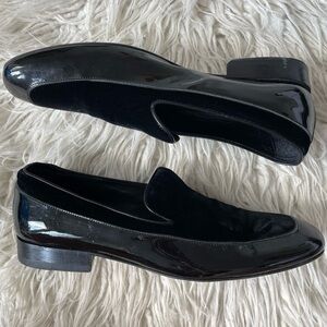 Jimmy Choo Black Soft Shiny Calf Patent Leather Velvet Panel Loafers EUC 42.5